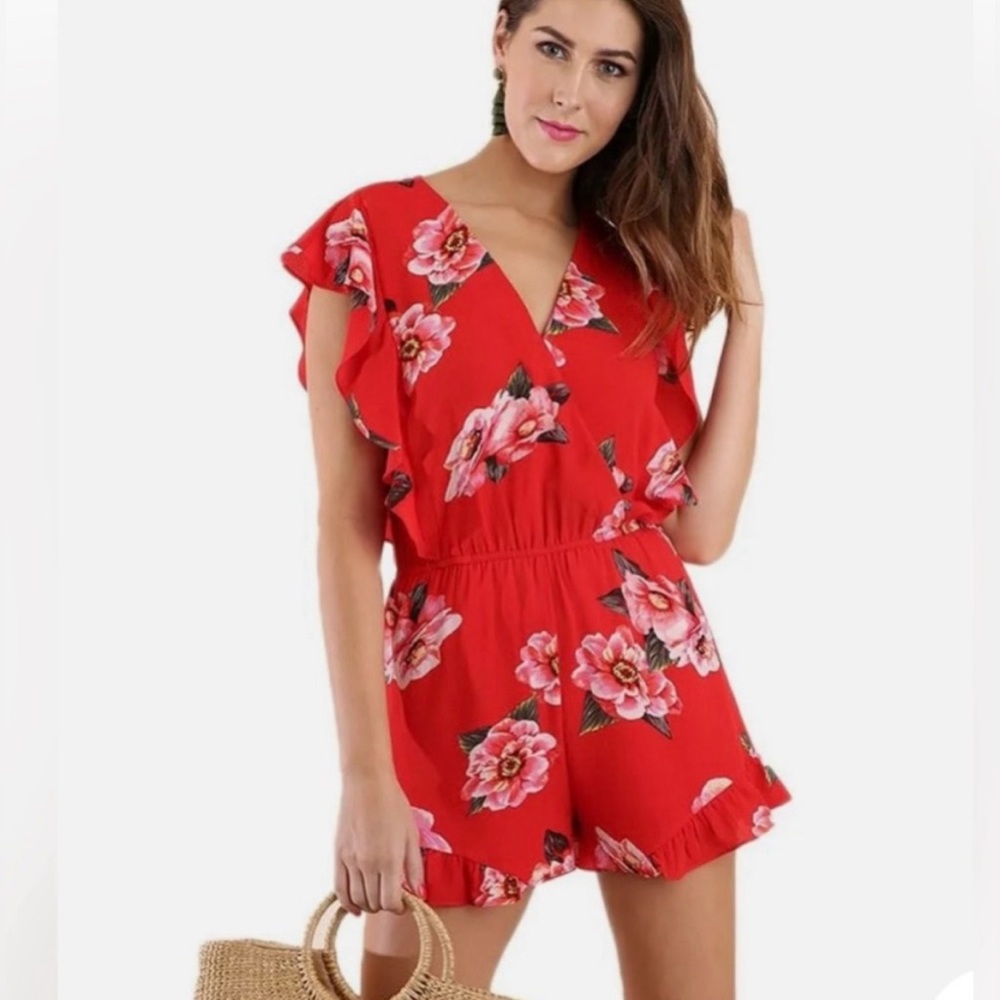 Umgee Floral Surplice Ruffle V-Neck Romper Chili Red Size Large